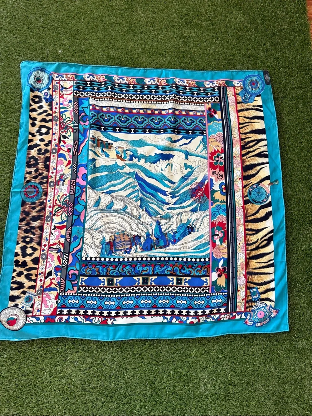 Hermès Paris Silk Scarf – Tibetan Mountain & Tiger Print Design